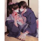  2boys bangs black_hair blush brown_eyes couple cup fate/grand_order fate_(series) fu_yukari hair_over_one_eye imminent_kiss japanese_clothes kimono koha-ace long_hair long_sleeves looking_at_another male_focus multiple_boys okada_izou_(fate) open_clothes open_kimono ponytail pulled_by_another sakamoto_ryouma_(fate) sakazuki yaoi yellow_eyes 