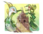  blush commentary_request flag gen_5_pokemon hand_up happy highres looking_down open_mouth orange_eyes outstretched_hand pokemon pokemon_(creature) sand_castle sand_sculpture serperior smile snake snivy starter_pokemon taisa_(lovemokunae) tongue 