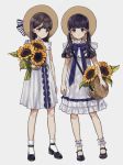  2girls bag bangs black_footwear black_hair blue_bow blue_eyes blush bow brown_headwear closed_mouth commentary_request dress eyebrows_visible_through_hair flower grey_background grey_eyes hat hat_bow holding holding_flower kashiwagi_chisame long_hair looking_at_viewer multiple_girls original shoes shoulder_bag simple_background sleeveless sleeveless_dress socks standing striped striped_bow sun_hat sunflower twintails white_dress white_legwear yellow_flower 