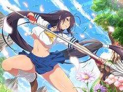  1girl ahoge antenna_hair blue_sailor_collar blue_skirt blue_sky breasts brown_footwear clouds crossover dark_skin day fingerless_gloves flower gloves grey_eyes hair_over_one_eye holding holding_spear holding_weapon ikkitousen kan&#039;u_unchou large_breasts loafers long_hair low-tied_long_hair medium_breasts navel no_bra official_art outdoors pleated_skirt polearm purple_hair red_gloves sailor_collar school_uniform senran_kagura senran_kagura_new_link serafuku shiny shiny_skin shirt shoes skirt sky socks solo spear tree under_boob uniform weapon white_flower white_legwear yaegashi_nan yellow_neckwear 