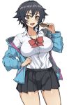  1girl alternate_costume black_hair blue_hoodie breasts brown_eyes doughnut food girls_und_panzer highres holding holding_food large_breasts mordeth open_mouth pepperoni_(girls_und_panzer) school_uniform solo 