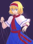  1girl alice_margatroid bangs belt blonde_hair blue_dress blue_eyes capelet dark_background dress eyebrows_visible_through_hair frilled_hairband frills hairband highres kakone lolita_hairband looking_at_viewer open_mouth puppet_strings red_belt red_neckwear short_hair simple_background solo touhou upper_body white_capelet wrist_cuffs 