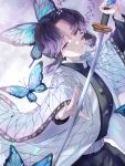  1girl absurdres animal_print belt belt_buckle black_hair black_jacket blue_butterfly buckle bug butterfly butterfly_hair_ornament butterfly_print eyelashes flower gradient_hair hair_intakes hair_ornament half-closed_eyes haori highres holding holding_sword holding_weapon insect jacket japanese_clothes jitome kimetsu_no_yaiba kochou_shinobu long_sleeves multicolored_hair nalan1192 smile solo sword violet_eyes weapon white_background white_belt wisteria 