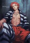  1boy abs against_wall closed_mouth dated luchino_gregoretti lucky_dog_1 male_focus muscle open_clothes open_shirt prison_clothes red_eyes redhead signature sinsin12121 sitting solo striped striped_clothes twitter_username 