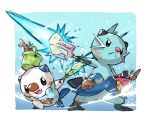  :&lt; bent_over black_eyes bucket closed_mouth commentary_request dewott dirty fang gen_5_pokemon highres holding holding_bucket looking_at_viewer open_mouth oshawott pokemon pokemon_(creature) seashell shell standing starter_pokemon taisa_(lovemokunae) 
