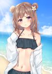  1girl bangs bare_shoulders beach bikini black_bikini blue_sky blush brown_hair closed_mouth clouds collarbone commentary_request day double_bun drawstring eyebrows_visible_through_hair flower hair_flower hair_ornament halter_top halterneck hand_up head_tilt highres horizon jacket long_hair long_sleeves looking_at_viewer navel nazuna_shizuku ocean off_shoulder open_clothes open_jacket original outdoors sky sleeves_past_wrists solo standing swimsuit v-shaped_eyebrows violet_eyes water white_flower white_jacket 