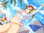  1girl arms_up bikini bikini_under_clothes breasts brown_eyes brown_hair day dead_or_alive dead_or_alive_xtreme hair_ornament hairclip jacket large_breasts long_hair looking_at_viewer misaki_(doa) navel open_mouth outdoors scrunchie senran_kagura senran_kagura_new_link side_ponytail solo standing star_(symbol) star_hair_ornament stomach swimsuit white_jacket yaegashi_nan 