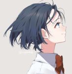  1girl black_hair blue_eyes bow bowtie closed_mouth collared_shirt from_side grey_background mole mole_under_eye multicolored multicolored_eyes original profile red_neckwear school_uniform shirt short_hair simple_background smile sogawa solo twitter_username white_shirt wing_collar 