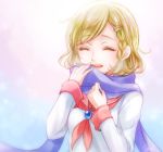  1girl :d blonde_hair blue_scarf braid copyright_request hair_ornament hairclip long_sleeves open_mouth scarf short_hair simple_background smile solo t0day8 upper_body 