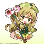  1girl :d atelier_(series) bangs blue_flower blush bow brown_flower brown_hair character_request chibi dress eyebrows_visible_through_hair flower full_body gradient gradient_background green_background green_dress green_eyes green_headwear hair_between_eyes hair_bow hair_flower hair_ornament hat holding holding_staff long_hair looking_at_viewer muuran official_art open_mouth pink_flower smile solo staff very_long_hair watermark white_background white_bow 