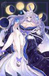  1girl absurdres animal_ear_fluff animal_ears azur_lane bare_shoulders blue_butterfly blue_choker blue_eyes blue_kimono breasts choker fox_ears full_body hair_between_eyes highres huge_filesize japanese_clothes kimono kitsune kive large_breasts long_hair moon multiple_tails off-shoulder_kimono shinano_(azur_lane) solo tail thigh-highs very_long_hair white_hair white_legwear white_tail wide_sleeves 