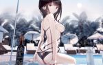  1girl ass atha_(leejuiping) back bangs bare_arms bare_shoulders bikini black_hair blurry blurry_background blush bottle breasts chair commentary_request day depth_of_field highres long_hair looking_at_viewer looking_back lounge_chair medium_breasts original outdoors pool poolside sideboob sitting swimsuit umbrella violet_eyes 