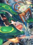  attack battle claws clouds commentary_request deoxys deoxys_(defense) energy fang gen_3_pokemon highres legendary_pokemon mythical_pokemon no_humans open_mouth pokemon pokemon_(creature) rayquaza shiny skin_fang space supearibu yellow_eyes 