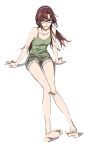  1girl 7070_015 bangs barefoot blue_eyes glasses green_tank_top headband highres long_hair looking_at_viewer makinami_mari_illustrious neon_genesis_evangelion ponytail rebuild_of_evangelion redhead shorts simple_background sitting smile solo tank_top white_background 