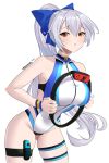  1girl absurdres bangs blue_bow blue_swimsuit blush bow breasts fate/grand_order fate_(series) hair_between_eyes hair_bow highleg highleg_swimsuit highres joy-con large_breasts long_hair looking_at_viewer one-piece_swimsuit open_mouth ponytail red_eyes ring-con ring_fit_adventure silver_hair simple_background steeb swimsuit thigh_strap thighs tomoe_gozen_(fate/grand_order) tomoe_gozen_(swimsuit_saber)_(fate) two-tone_swimsuit white_background white_swimsuit 
