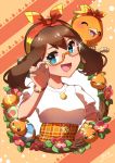  1girl :d absurdres adjusting_eyewear alternate_costume bangs blue_eyes blush bow_hairband brown_hair commentary_request egg eyelashes fingernails gen_3_pokemon hairband hand_up happy highres jewelry long_hair may_(pokemon) necklace open_mouth orange-framed_eyewear orange_skirt plaid plaid_skirt pokemon pokemon_(anime) pokemon_(creature) pokemon_rse_(anime) shiny shiny_hair short_sleeves skirt smile taisa_(lovemokunae) teeth tongue torchic 