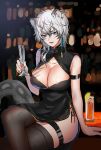  1girl animal_ears arknights arm_strap arm_support bare_arms bare_shoulders black_dress breasts china_dress chinese_clothes commentary_request crossed_legs cup dress genderswap genderswap_(mtf) grey_eyes highres holding holding_cup large_breasts leopard_ears leopard_tail long_hair looking_at_viewer scar silver_hair silverash_(arknights) sitting sleeveless sleeveless_dress smile solo tail thigh-highs thigh_strap thighs yavalley 