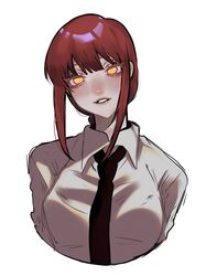  1girl bangs black_neckwear braid braided_ponytail breasts brown_hair business_suit chainsaw_man collared_shirt formal glowing glowing_eyes light_smile long_hair looking_at_viewer makima_(chainsaw_man) medium_breasts necktie nvwek ringed_eyes shirt smile solo suit white_shirt yellow_eyes 