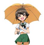  1girl :d bangs black_neckwear blouse brown_eyes brown_hair commentary cowboy_shot eyebrows_visible_through_hair girls_und_panzer green_skirt holding holding_umbrella kayabakoro looking_at_viewer midriff miniskirt nakajima_(girls_und_panzer) navel neckerchief ooarai_school_uniform open_mouth pleated_skirt sailor_collar school_uniform serafuku short_hair short_sleeves simple_background skirt smile solo standing umbrella white_background white_blouse white_sailor_collar yellow_umbrella 