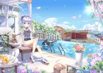  1girl absurdres basket blue_eyes blue_hair breasts building chair chinese_commentary clouds commentary_request covered_navel cup drink drinking_glass flower food fruit hat headwear_removed highres holding holding_hair horizon ice inflatable_orca inflatable_toy knee_up legs lemon long_hair okazakileo one-piece_swimsuit outdoors petals ponytail pool poolside roller_skates sailor_collar school_swimsuit see-through shirt sigsbee_(warship_girls_r) sitting skates sky smile solo stuffed_animal stuffed_toy sun_hat swimsuit table teapot teddy_bear thighs warship_girls_r water white_headwear 