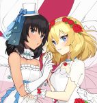  2girls alternate_costume andou_(girls_und_panzer) bangs black_hair blonde_hair blue_bow blue_eyes bow brown_eyes commentary_request dark_skin dress elbow_gloves eyebrows_visible_through_hair fingerless_gloves flower girls_und_panzer gloves hair_rollers hairband hands_together hat hat_bow interlocked_fingers jewelry looking_at_viewer medium_hair messy_hair mini_hat mini_top_hat multiple_girls necklace oshida_(girls_und_panzer) parted_lips puckered_lips red_flower red_rose rose short_sleeves smile strapless strapless_dress tan3charge tilted_headwear top_hat upper_body wedding_dress white_dress white_gloves white_hairband white_headwear wife_and_wife yuri 