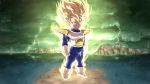  1boy absurdres aura blonde_hair blood blood_on_face bruise_on_face closed_mouth clouds cloudy_sky dragon_ball dragon_ball_z english_commentary full_body gloves green_eyes green_sky highres lightning looking_at_viewer male_focus namek saiyan_armor serious sky solo son_gohan spiky_hair srojam standing super_saiyan super_saiyan_1 what_if white_footwear white_gloves 