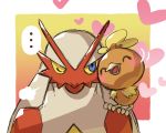  ... ^_^ blaziken blue_eyes blush closed_eyes commentary_request gen_3_pokemon happy heart highres looking_at_another no_humans on_shoulder one_eye_closed open_mouth pokemon pokemon_(creature) pokemon_on_shoulder spoken_ellipsis taisa_(lovemokunae) tongue torchic yellow_sclera 