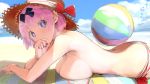  1girl armpits ass back ball bangs bare_shoulders beach beach_towel beachball bikini black_bow blue_sky blush bow breast_press breasts clouds cloudy_sky commentary_request day hair_bow hat hibari_(senran_kagura) large_breasts looking_at_viewer lying no_bra ocean official_art on_stomach outdoors pink_hair polka_dot red_ribbon ribbon senran_kagura short_twintails sky solo striped striped_bikini sun_hat swimsuit symbol-shaped_pupils topless topless_female towel twintails untied untied_bikini water yaegashi_nan 