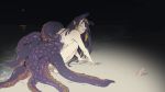  1girl bblibrary beach closed_mouth dark highres hololive hololive_english long_hair looking_at_viewer looking_back moon night night_sky ninomae_ina&#039;nis nude ocean outdoors pointy_ears purple_hair sand seashell shell shiny shiny_skin sky smile solo squatting tentacles water 