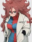  1girl android_21 blue_eyes checkered checkered_dress dragon_ball dragon_ball_fighterz dress earrings glasses grey_background hoop_earrings jewelry kemachiku labcoat long_hair long_sleeves red_ribbon_army redhead simple_background solo 