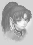  1girl artist_name bangs closed_mouth commentary earrings eyebrows_visible_through_hair fire_emblem fire_emblem:_the_blazing_blade gofelem grey_background greyscale high_ponytail highres jewelry light_smile lips long_hair lyn_(fire_emblem) monochrome ponytail signature simple_background solo tied_hair upper_body 