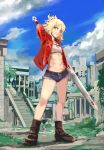  1girl abs absurdres bangs belt blonde_hair boots braid breasts building clouds eyebrows_visible_through_hair fate/grand_order fate_(series) grass green_eyes hakohako-does highres jacket jewelry looking_at_viewer mordred_(fate) mordred_(fate)_(all) navel necklace ponytail red_scrunchie scrunchie shorts small_breasts smile solo stairs sword weapon 