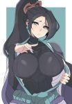  1girl black_hair breasts green_eyes highres impossible_clothes large_breasts long_hair looking_at_viewer ponytail pout sage_(valorant) skin_tight solo valorant yoshiikirablr 