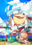  absurdres altaria beak bird blush clouds commentary_request day eye_contact fence food gen_3_pokemon gen_7_pokemon highres holding hot lens_flare looking_at_another open_mouth outdoors owl pelipper pokemon pokemon_(creature) popsicle rowlet sky swablu sweat taisa_(lovemokunae) water wingull 