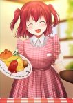  1girl absurdres apron closed_eyes food gingham gingham_apron highres holding holding_plate holding_tray kazehana_(spica) ketchup kurosawa_ruby love_live! love_live!_sunshine!! omelet omurice open_mouth plate red_apron redhead shirt short_hair short_sleeves smile solo tray two_side_up waitress white_shirt 