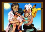  1girl 3boys ash_ketchum bangs bare_arms black_hair blush burnet_(pokemon) carrying clenched_teeth closed_eyes closed_mouth collarbone dark_skin dark_skinned_male day gen_1_pokemon grey_pants highres hug hug_from_behind kukui_(pokemon) labcoat lei_(pokemon) looking_back multiple_boys on_shoulder open_mouth pants pikachu pokemon pokemon_(anime) pokemon_(creature) pokemon_on_shoulder pokemon_sm_(anime) shirt short_sleeves shorts signature sleeves_rolled_up smile spoilers sun t-shirt teeth tongue white_hair white_shirt 