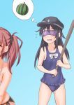 2girls akatsuki_(kantai_collection) anchor_symbol anti_(untea9) atlanta_(kantai_collection) black_headwear blindfold blue_background blue_swimsuit bow_swimsuit brown_hair collarbone earrings eyebrows_visible_through_hair flat_cap food fruit gradient gradient_background hat highres holding holding_stick jewelry kantai_collection long_hair multiple_girls one-piece_swimsuit open_mouth purple_hair smile star_(symbol) star_earrings stick suikawari swimsuit thought_bubble two_side_up watermelon 