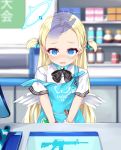  1girl @_@ absurdres angel angel_wings apron blonde_hair blue_archive blue_eyes blurry blurry_background blush commentary_request forehead highres id_card looking_at_viewer nekodama2000 petting pov pov_hands shop solo_focus tears wings 