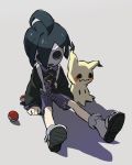  1boy ahoge allister_(pokemon) black_hair collared_shirt gen_7_pokemon gym_leader head_down long_sleeves mask mimikyu number poke_ball poke_ball_(basic) pokemon pokemon_(creature) pokemon_(game) pokemon_swsh shirt shoes shorts sitting suspender_shorts suspenders yoko.u 