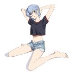  1girl 7070_015 arms_up ayanami_rei barefoot blue_hair crop_top hands_on_own_head highres looking_at_viewer midriff navel neon_genesis_evangelion red_eyes short_hair shorts simple_background sitting solo torn_clothes torn_shorts 