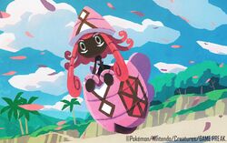  beach clouds commentary_request copyright_name day floating gen_7_pokemon hyogonosuke legendary_pokemon long_hair no_humans official_art outdoors palm_tree petals pink_hair pokemon pokemon_(creature) pokemon_trading_card_game sand sky tapu_lele tree watermark 
