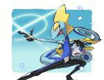  blue_eyes commentary_request gen_8_pokemon hand_on_another&#039;s_head highres inteleon legs_apart looking_up no_humans one_eye_closed open_mouth pointing pokemon pokemon_(creature) pokemon_on_leg sobble squatting starter_pokemon taisa_(lovemokunae) tearing_up tongue yellow_eyes 