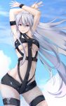  1girl arm_strap armpits arms_up ass_visible_through_thighs azur_lane bangs bare_shoulders black_shorts blue_sky bondage_outfit breasts clouds commentary_request covered_navel cowboy_shot day enterprise_(azur_lane) eyebrows_visible_through_hair floating_hair hair_between_eyes highres hot_limit large_breasts long_hair looking_at_viewer moroheiya_(moroheiya-works) revealing_clothes short_shorts shorts sidelocks silver_hair skindentation sky smile solo standing thigh_strap under_boob very_long_hair violet_eyes wristband 