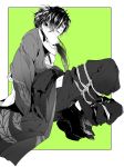  1boy abs alternate_costume bdsm black_hair bondage bound bound_legs bound_wrists fate/grand_order fate_(series) fu_yukari full_body greyscale hair_over_one_eye japanese_clothes kimono koha-ace long_hair male_focus monochrome okada_izou_(fate) open_clothes open_kimono ponytail sandals simple_background toned toned_male 