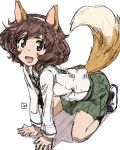  1girl :d akiyama_yukari animal_ears arm_support artist_name bangs black_legwear black_neckwear blouse brown_eyes brown_hair colored_pencil_(medium) commentary_request dog_ears dog_tail erakin eyebrows_visible_through_hair fake_animal_ears fake_tail girls_und_panzer green_skirt highres kneeling leaning_forward long_sleeves messy_hair miniskirt neckerchief ooarai_school_uniform open_mouth pleated_skirt sailor_collar school_uniform serafuku shadow shoes short_hair shorts signature sketch skirt smile socks solo sweatdrop tail traditional_media uwabaki white_blouse white_sailor_collar white_shorts 