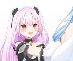  2girls alternate_costume alternate_hair_color breast_grab breasts fang grabbing hair_between_eyes hair_ornament highres hololive long_hair multiple_girls open_mouth pink_hair red_eyes simple_background smile tears uruha_rushia virtual_youtuber white_background xooku yukihana_lamy 