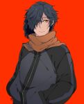  1boy alternate_costume black_hair fate/grand_order fate_(series) fu_yukari hair_over_one_eye hands_in_pockets jacket koha-ace long_hair looking_to_the_side male_focus okada_izou_(fate) orange_hair ponytail scarf track_jacket upper_body yellow_eyes 