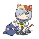  1girl 3toshinhmkz :3 animal_ears black_legwear blue_eyes cat_ears cat_tail fake_animal_ears full_body grey_sailor_collar grey_skirt hair_ornament hair_over_one_eye hairclip hamakaze_(kantai_collection) kantai_collection neckerchief no_nose pantyhose paw_pose pleated_skirt sailor_collar school_uniform serafuku short_hair short_sleeves silver_hair simple_background skirt solo stuffed_animal stuffed_shark stuffed_toy tail white_background yellow_neckwear 