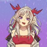  1girl :d arknights bare_shoulders braid breasts cocopeace earrings eyeliner fangs horns jewelry long_hair looking_at_viewer makeup nian_(arknights) off_shoulder open_mouth pointy_ears ponytail redhead silver_hair smile solo teeth tongue tongue_out violet_eyes 