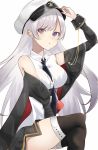  1girl :o adjusting_clothes adjusting_headwear azur_lane bangs bare_shoulders black_neckwear breasts coat crossed_legs enterprise_(azur_lane) eyebrows_visible_through_hair food grey_hair hat highres large_breasts long_hair looking_at_viewer necktie off_shoulder peaked_cap sakuramochi_(kasute_ra) shirt silver_hair simple_background sitting skirt sleeveless sleeveless_shirt solo thigh-highs very_long_hair violet_eyes wagashi white_background white_hair 